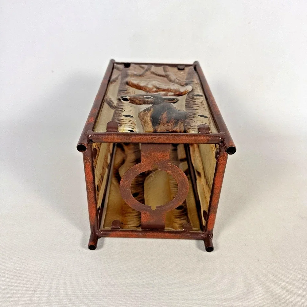 Vintage‎ Hand Painted 3D Glass Deer Votive Candle Holder Rustic Lodge Lantern
